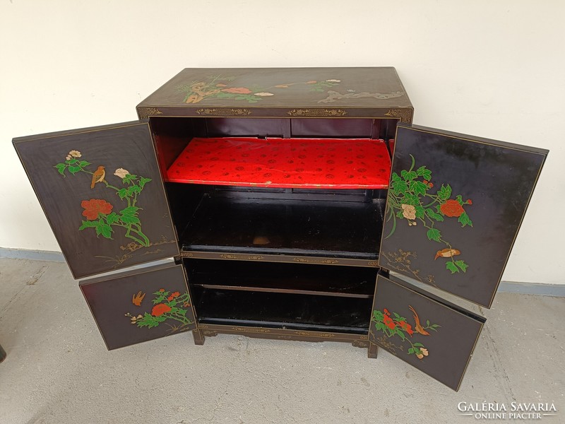 Antique Chinese furniture plant geisha bird grease stone convex inlaid painted black lacquer cabinet 819 8751