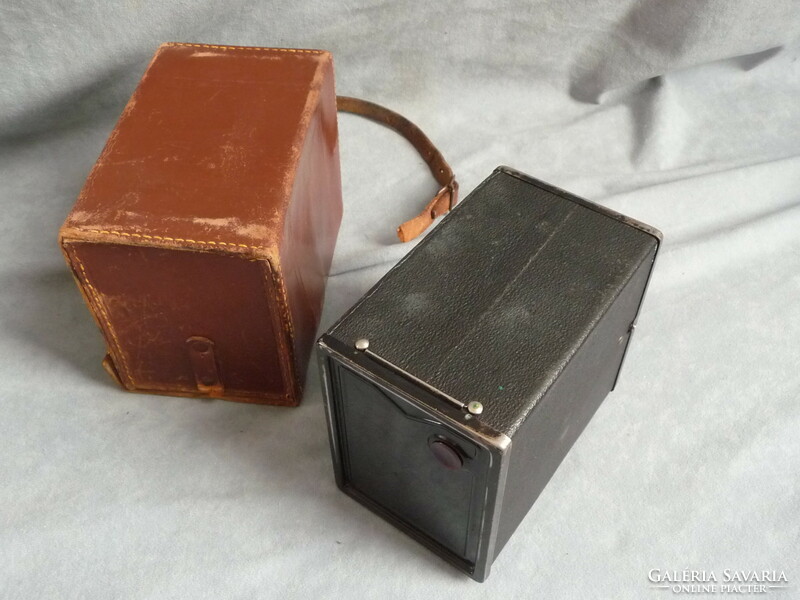 Old agfa camera in agfa box leather case, box camera from the 20s with drugstore label