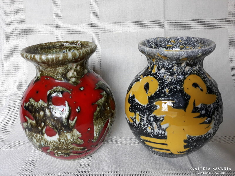 Retro industrial art abstract patterned ceramic vases in a pair