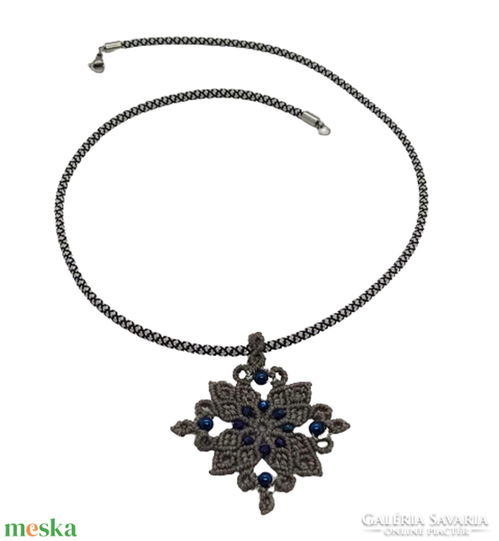 Gray macramé necklace with polished blue beads