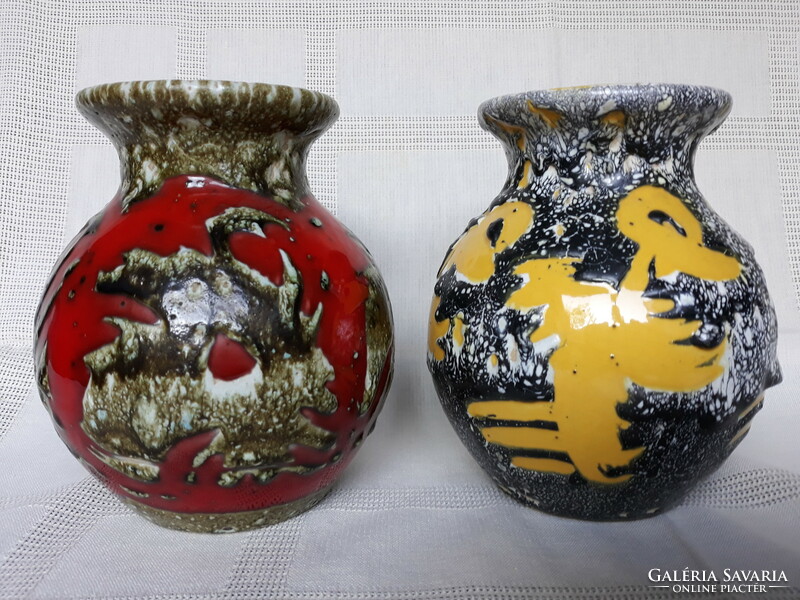 Retro industrial art abstract patterned ceramic vases in a pair