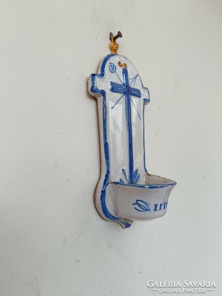Antique holy water holder 19th century glazed tile Christian cross wall holy water holder 414 8818