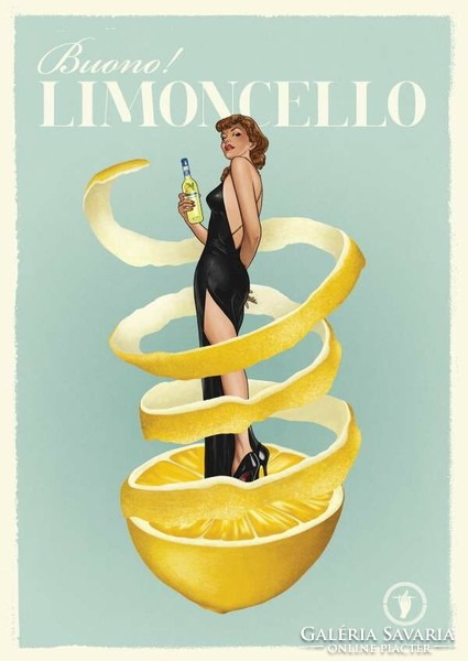 Vintage limoncello advertising poster reprint print, Italian liqueur lemon woman in black evening dress