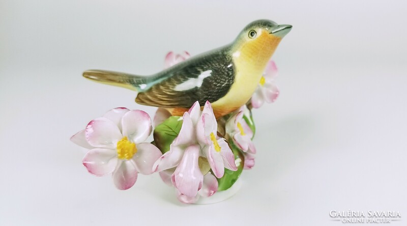 Herend colorful songbird among pink flowers, hand-painted porcelain figure (b165)