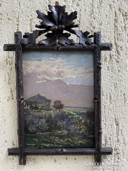 Nándor Némethy 1877 large stone - sunset 1919 in a hand-carved oak leaf frame, rarity!!!