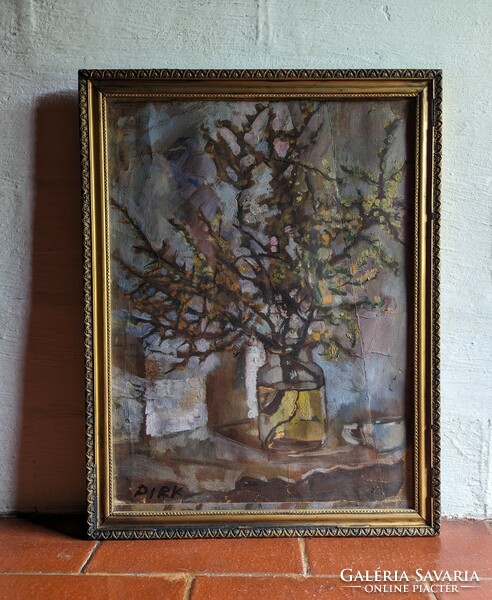 Pirk János - branch with flowers in glass, oil painting with frame