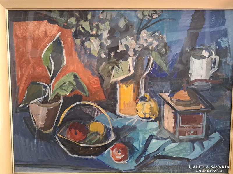 Szignált eredeti Gera Éva (1923-1996) art deco stílusú asztali csendélet festmény