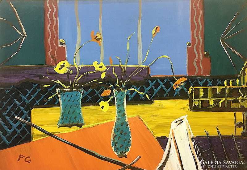 Enteriőr virágokkal, olaj-karton,36 x 50 cm,60-s évek