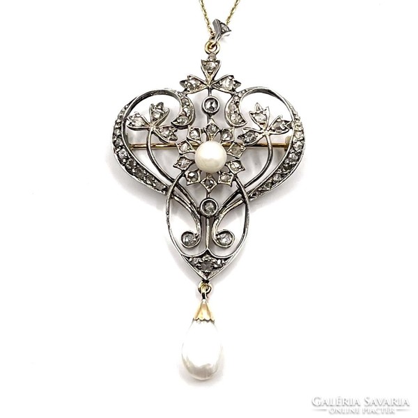 0253. Art Nouveau pendant brooch with diamonds and pearls