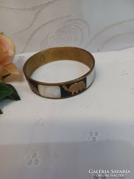 Copper bracelet, elephant motif, shell inlay