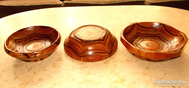 3 thick inlaid wooden bowls and plates.