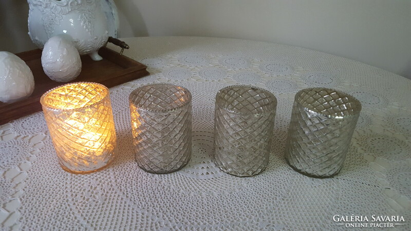 Decorative glass tealight with diamond pattern, candle holder 4 pcs.