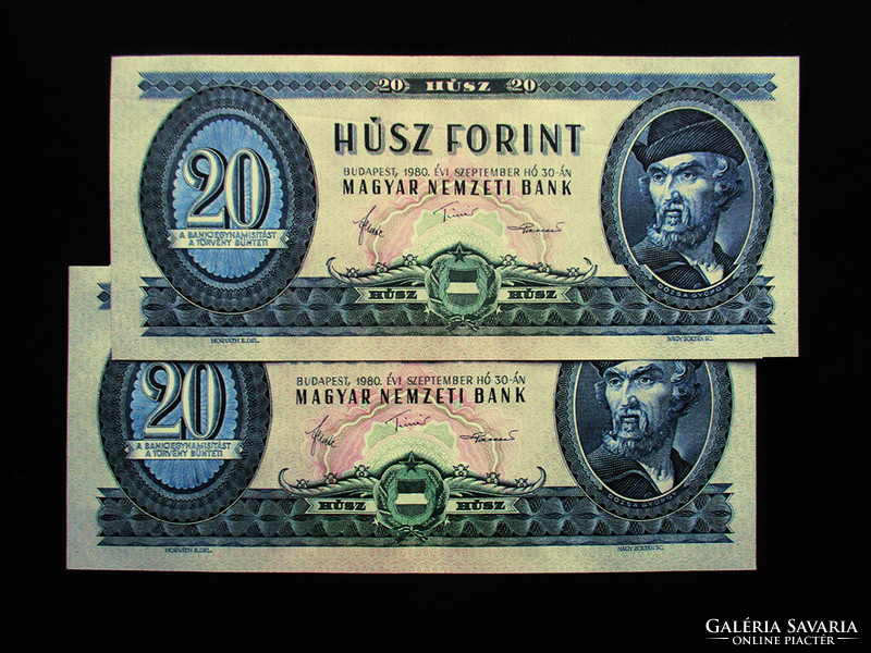 Unc - 20 forints....Beautiful - numbered pair, one of the last, 1980