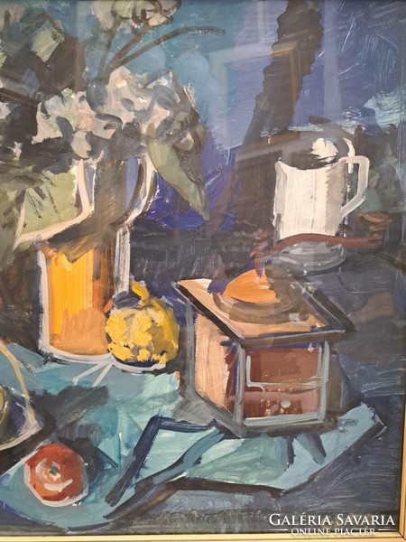 Szignált eredeti Gera Éva (1923-1996) art deco stílusú asztali csendélet festmény