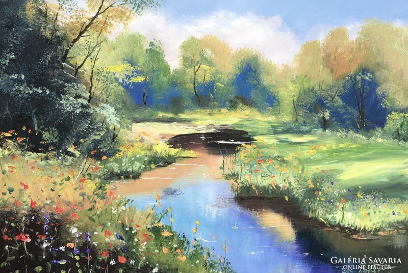 Marked contemporary painting-streamside bloom