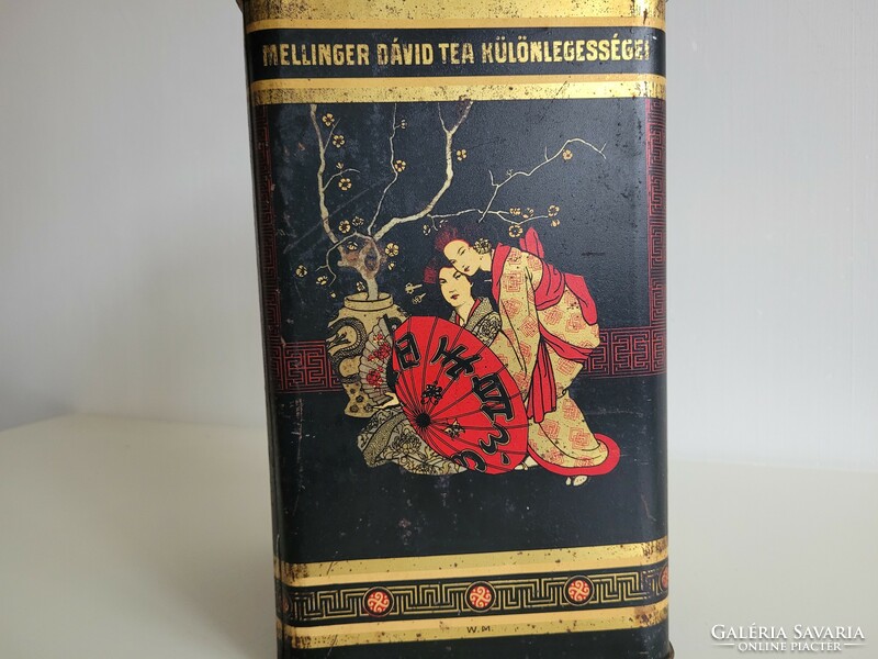 Antik nagy fémdoboz Weiss Manfréd WM Csepel régi teásdoboz Mellinger Dávid tea különlegességei