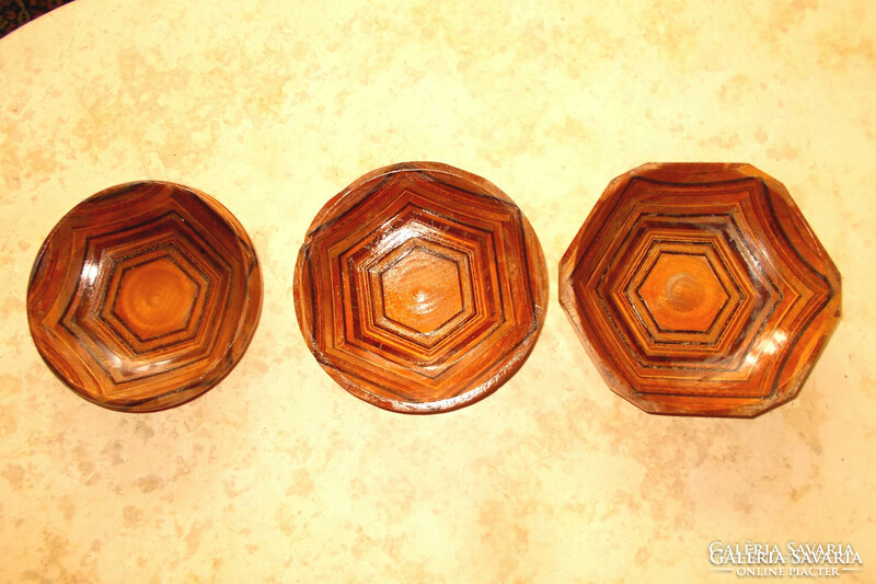 3 thick inlaid wooden bowls and plates.