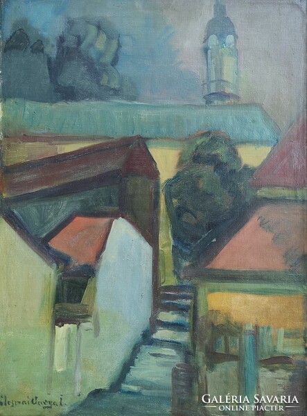 István Ilosvai Varga (1895-1978): Szentendre staircase. Signed oil painting.