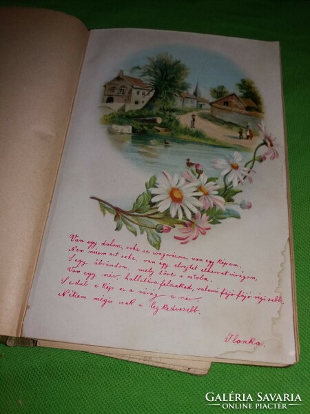 1907 Antik gyönyörű EMLÉKKÖNYV szép bejegyzésekkel, dalszövegekkel préselt növényekkel képek szerint