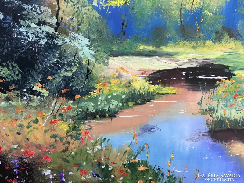 Marked contemporary painting-streamside bloom