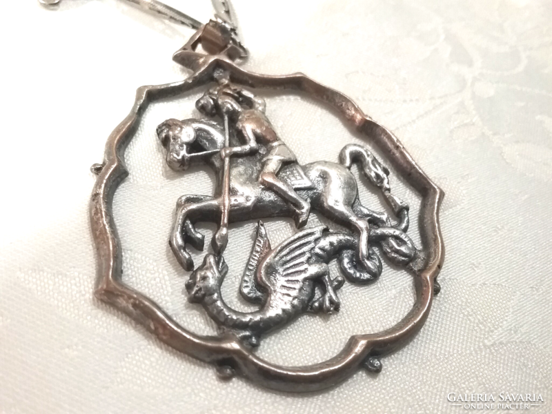 Marked, old metal necklace with pendant, dragon slayer st. György