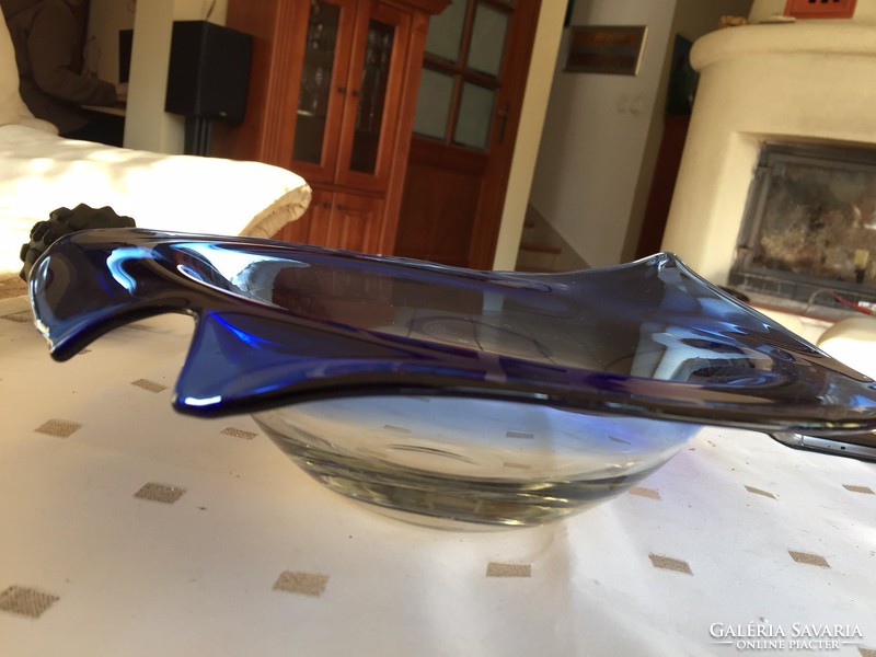 Kék, nagy, kézzel készült üveg tál, kínáló, asztalközép (20B)