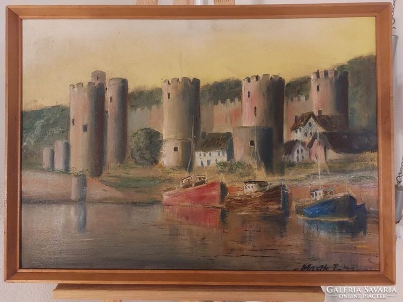 Signed waterfront fortress painting 73x53 cm with frame