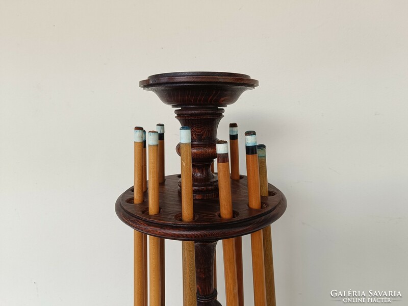 Antique salon furniture billiard racket cue holder wooden stand chalk and 12 cues 812 8821