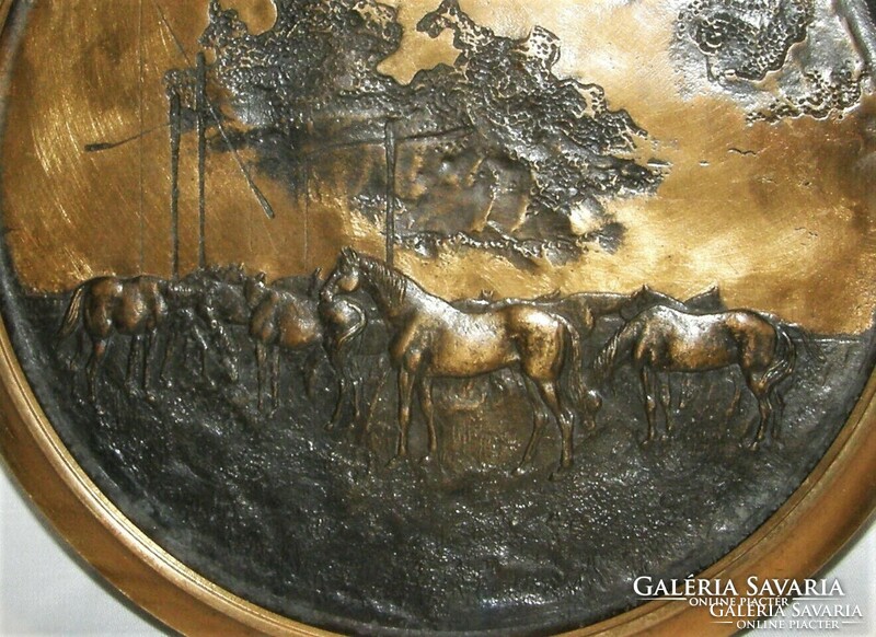 Gyulavári Pál - Ménes a gémeskútnál - bronz relief - Dombormű falidísz