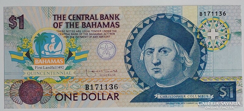 Bahamas 1 dollar 1992 columbus unc banknote