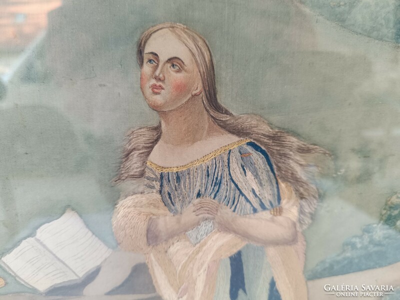 Antik katolikus zárda munka 1826 hímzett festett Mária Magdolna kép biedermeier keretben 555 8837