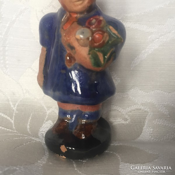 Old, retro Szécs ceramic little girl figurine with a bouquet of flowers - little girl with flowers