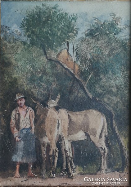 Kárpáthy Jenő(1870-1950): Fiú szamarakkal. Jelzett antik akvarell.