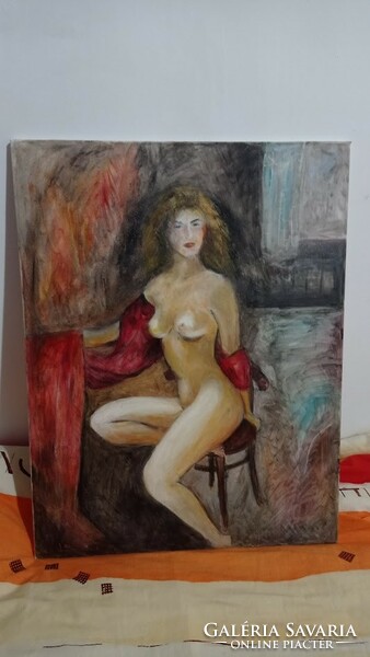 Beautiful painting, nude, 76 cm, seated female figure in front of a window