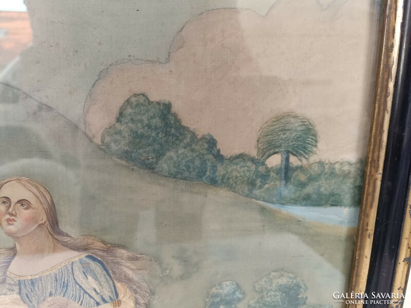 Antik katolikus zárda munka 1826 hímzett festett Mária Magdolna kép biedermeier keretben 555 8837