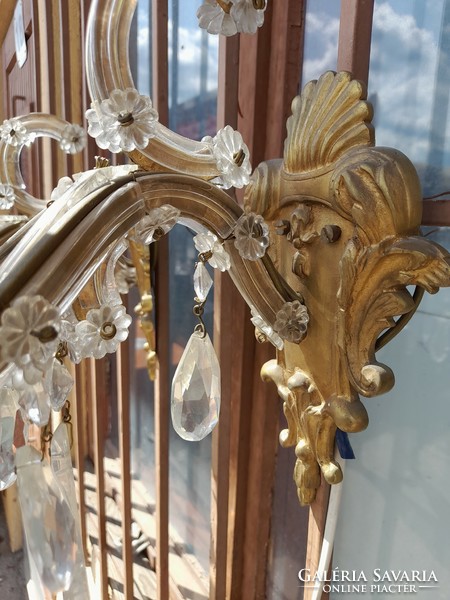 Pair of old copper 2-branch crystal glass hanging wall lamps.