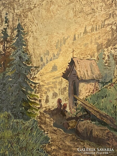 Station in the Alps Christian place of grace - antique oil canvas painting