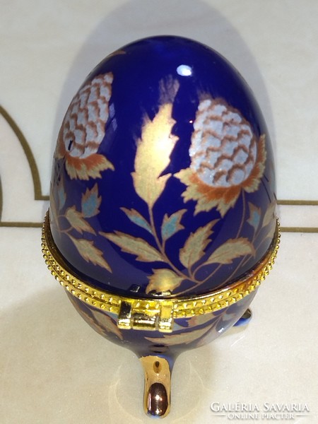 Gyönyörű Cobalt kék arany virág mintás porcelán ékszertartó Szelence tojás alakú
