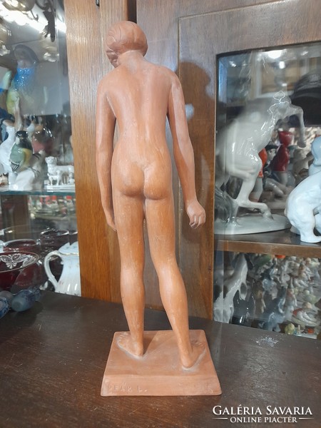 László Deák 1926-1970, female nude ceramic terracotta sculpture, small sculpture. 33 Cm.