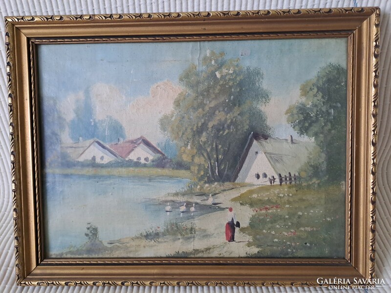 Village idyll, landscape, farm, lake, geese