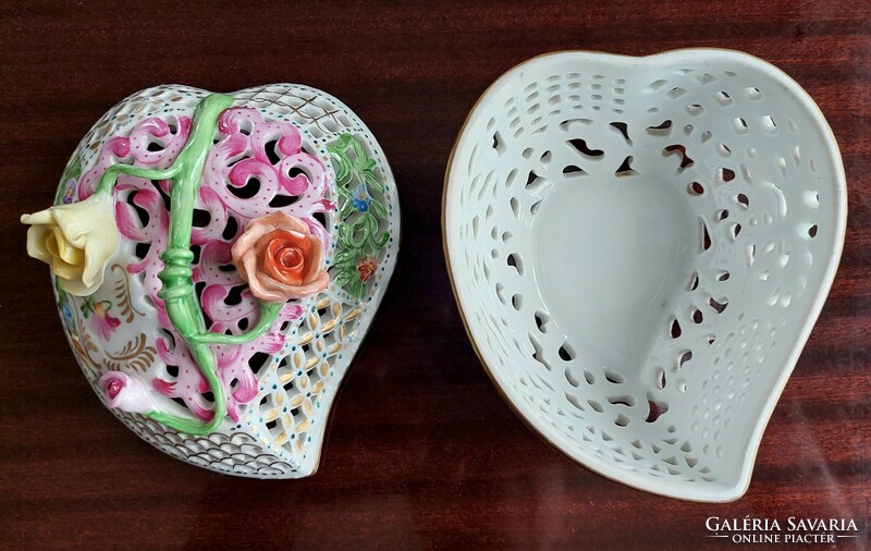 Herendi szív alakú áttört porcelán bonbonier hibátlan