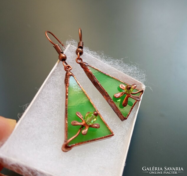 Sophisticated handcrafted glass jewelry, green earrings with a small copper flower