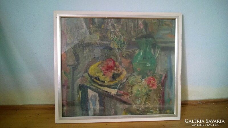 Mária Barta (b.Pest, 1897-bp.,1969) Green jug still life painting o., V.,+ Wooden frame