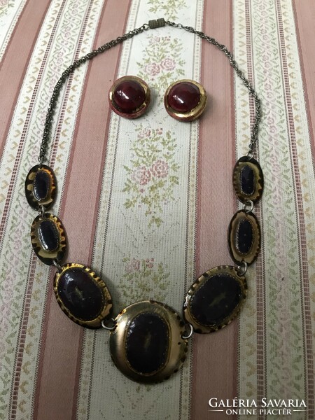 Industrial copper, fire enamel burgundy purple necklace and matching ceramic clip