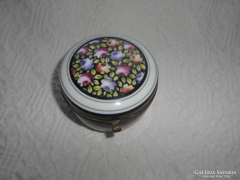 Antique porcelain jewelry holder with copper border - hand painted 7 cm