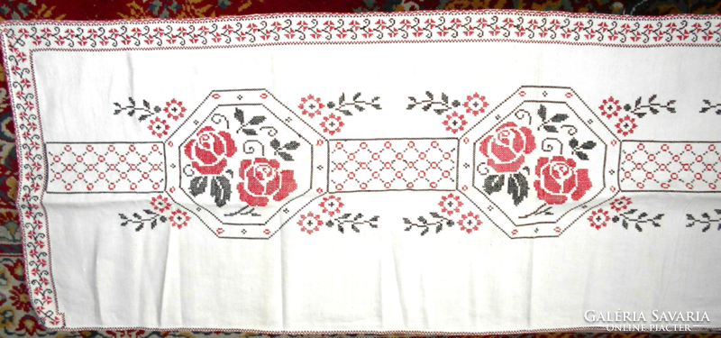 -Antique home-woven linen with embroidery, tablecloth-runner 176 cm x 53 cm