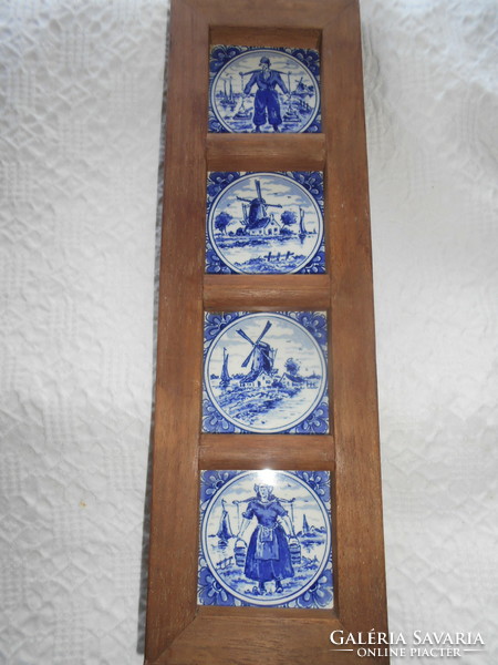 4 hand-painted Delphi porcelain tile pictures in a wooden frame - can be hung / 36 x 11 cm (with frame