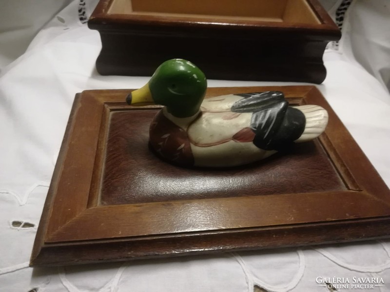Wooden box with artificial leather insert, wooden duck on top