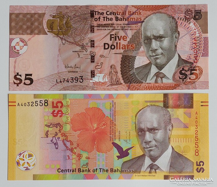 2 Bahamas 5 dollar unc banknote