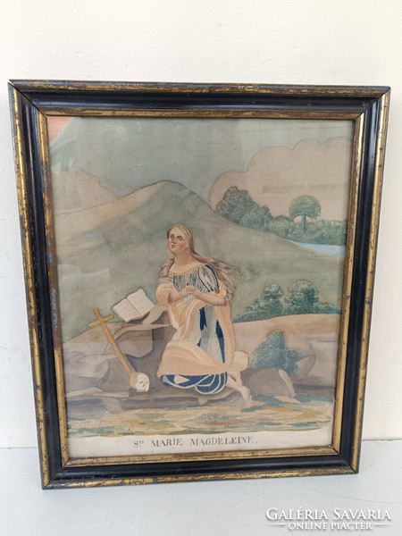 Antique Catholic monastery work 1826 embroidered painted Mary Magdalene picture in a Biedermeier frame 555 8837